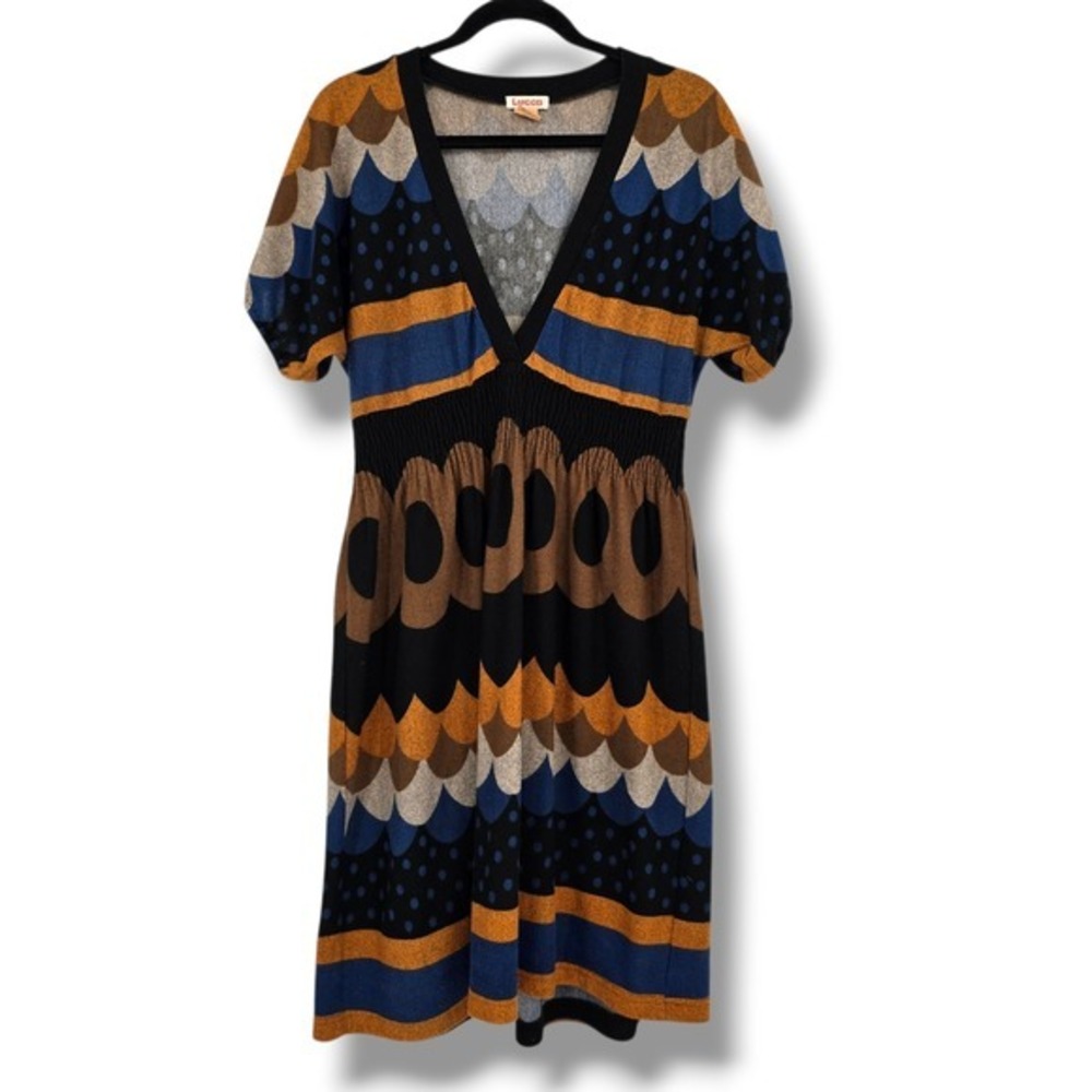 Lucca Women's V Neck Short Sleeve Dress Geometric Print Smocked Waist‎ Medium